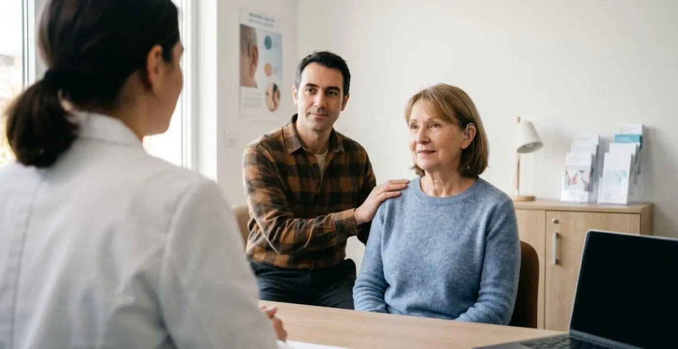 Patient accompagné par un proche lors d'une consultation d'adaptation d'appareil auditif