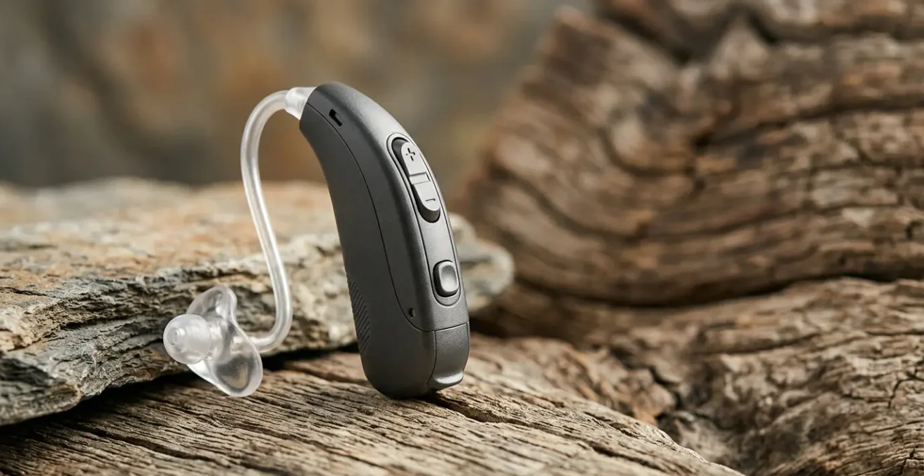 Appareil auditif contour d'oreille BTE moderne posé sur une surface naturelle, symbolisant puissance et fiabilité