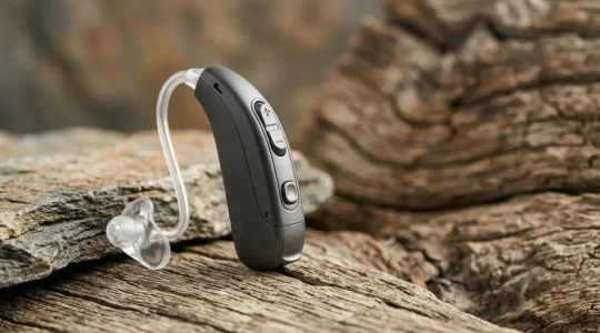 Appareil auditif contour d'oreille BTE moderne posé sur une surface naturelle, symbolisant puissance et fiabilité