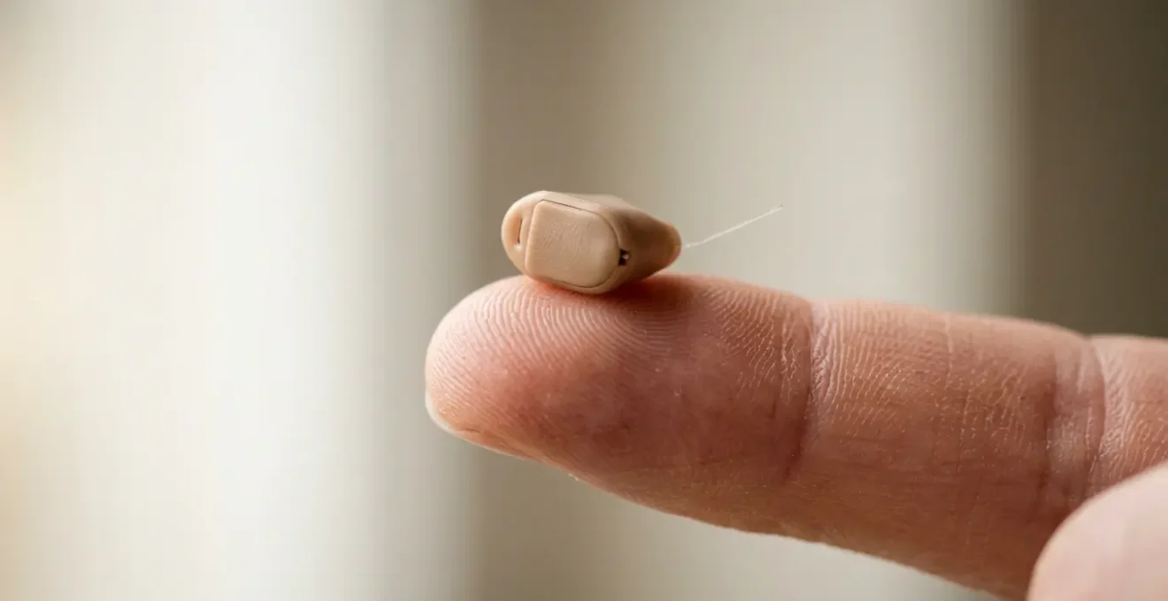 Gros plan d'un minuscule appareil auditif intra-auriculaire CIC posé délicatement sur un doigt, illustrant sa taille discrète