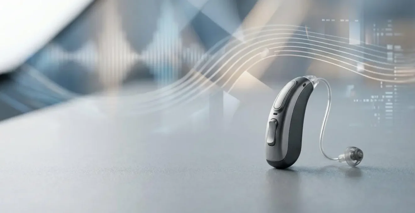 Appareil auditif numérique moderne dans un environnement de laboratoire médical, illustrant la révolution technologique dans le domaine de l'audition