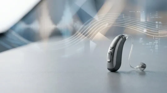 Appareil auditif numérique moderne dans un environnement de laboratoire médical, illustrant la révolution technologique dans le domaine de l'audition