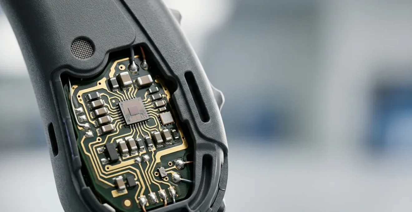 Gros plan d'une prothèse auditive moderne montrant ses composants techniques