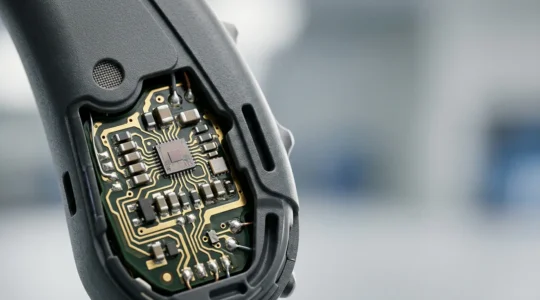 Gros plan d'une prothèse auditive moderne montrant ses composants techniques