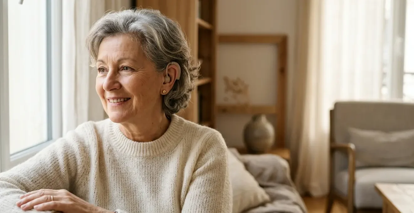 Personne portant un appareil auditif moderne dans un environnement lumineux
