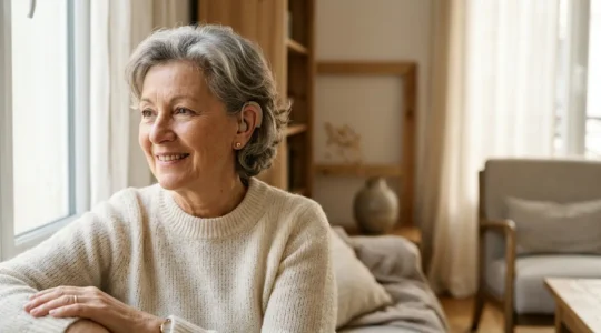 Personne portant un appareil auditif moderne dans un environnement lumineux