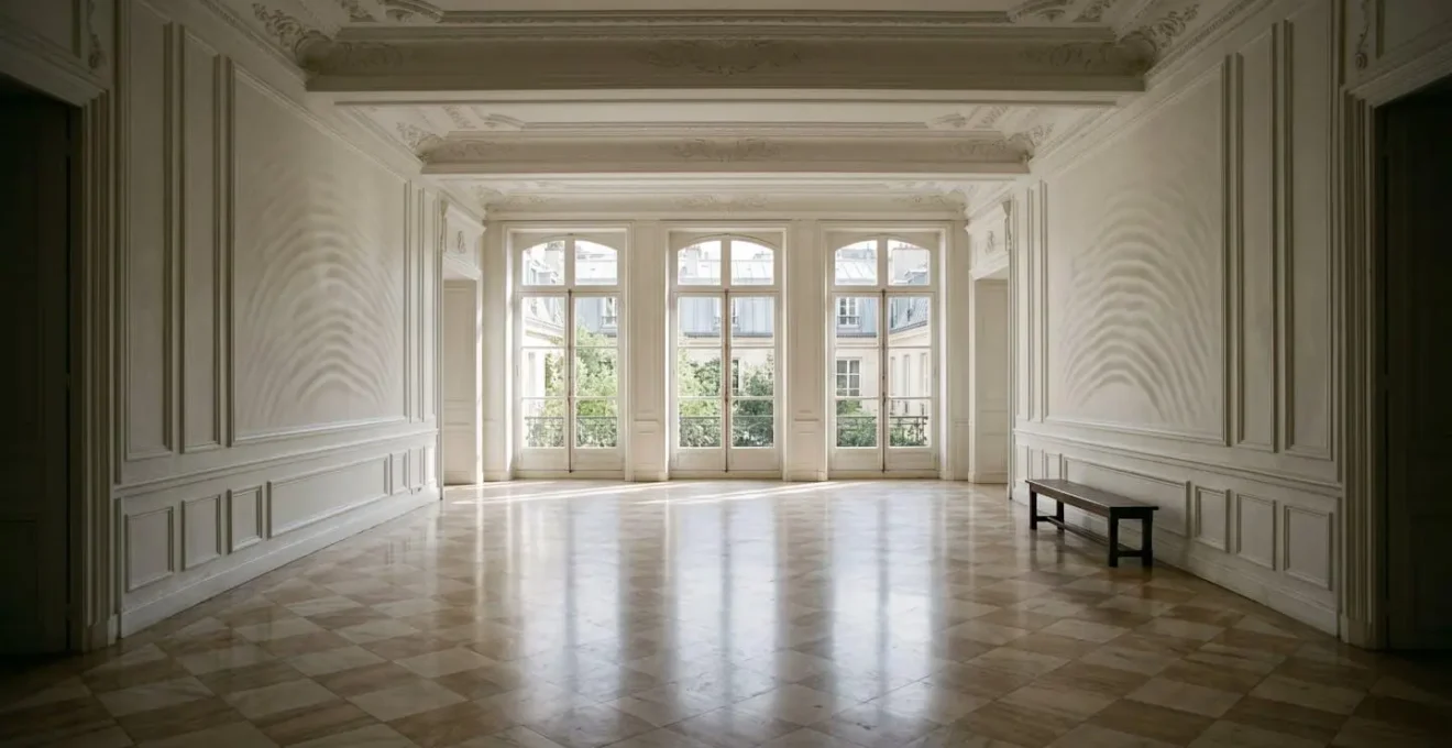 Intérieur d'un espace architectural français avec surfaces réfléchissantes illustrant la réverbération