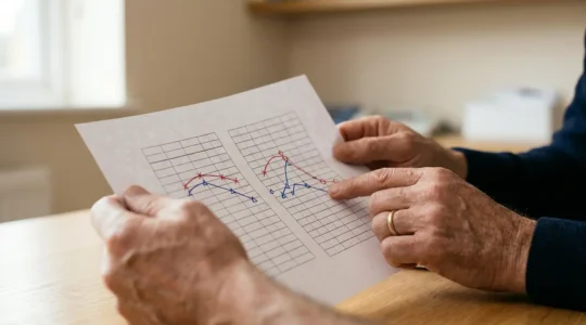 Gros plan d'un audiogramme médical avec courbes et symboles sur bureau professionnel