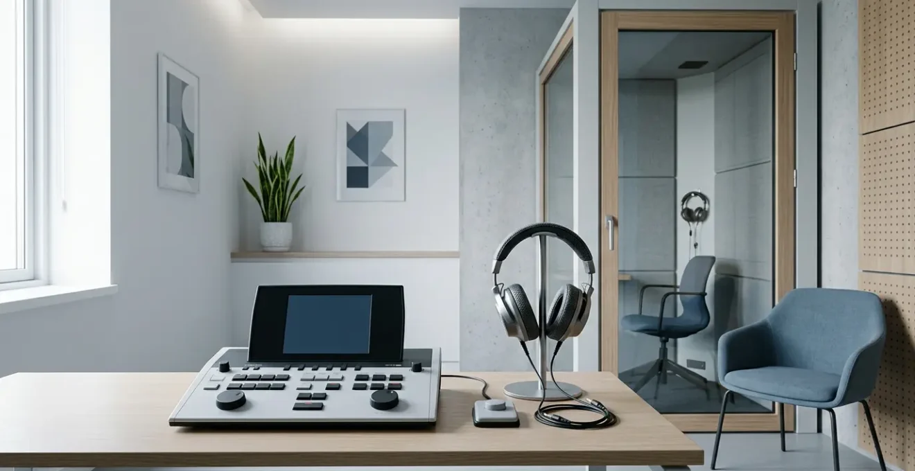 Examen audiométrique professionnel dans une cabine insonorisée montrant un dispositif médical d'évaluation auditive