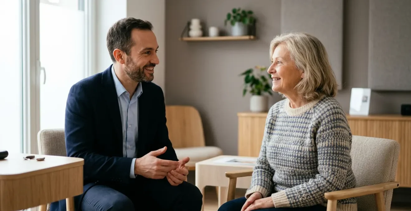 Audioprothésiste diplômé en consultation avec un patient dans un environnement professionnel et rassurant