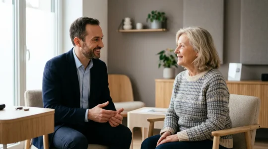 Audioprothésiste diplômé en consultation avec un patient dans un environnement professionnel et rassurant