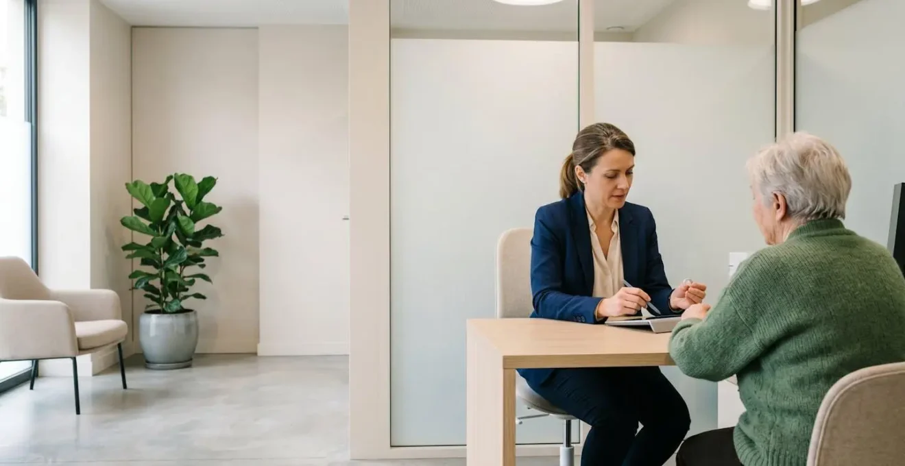 Audioprothésiste français ajustant un appareil auditif moderne pour un patient dans un centre spécialisé