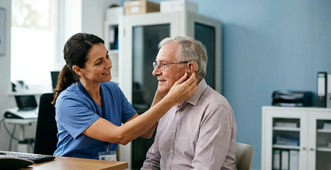 Professionnel de santé auditive lors d'une consultation de suivi pour appareil auditif
