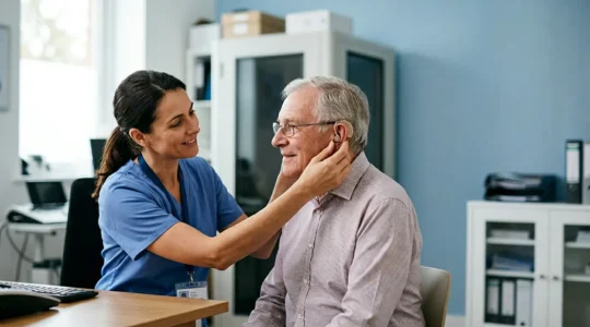 Professionnel de santé auditive lors d'une consultation de suivi pour appareil auditif