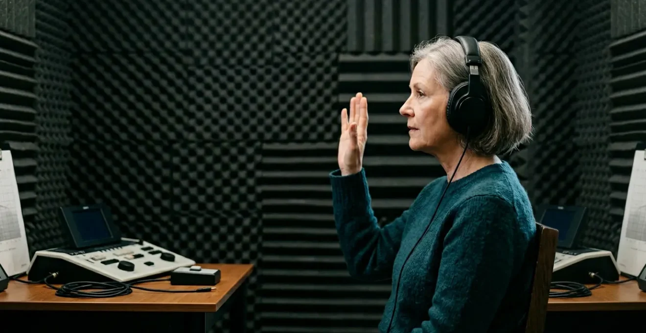 Patient portant un casque audio lors d'un test auditif professionnel en cabine insonorisée