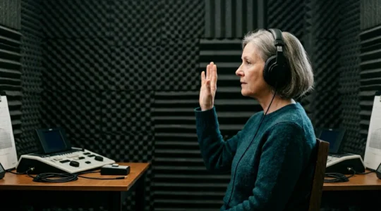 Patient portant un casque audio lors d'un test auditif professionnel en cabine insonorisée