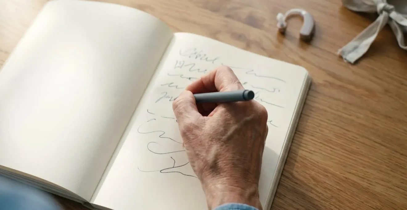 Main d'un patient écrivant ses impressions quotidiennes dans un carnet pour optimiser le réglage de ses appareils auditifs