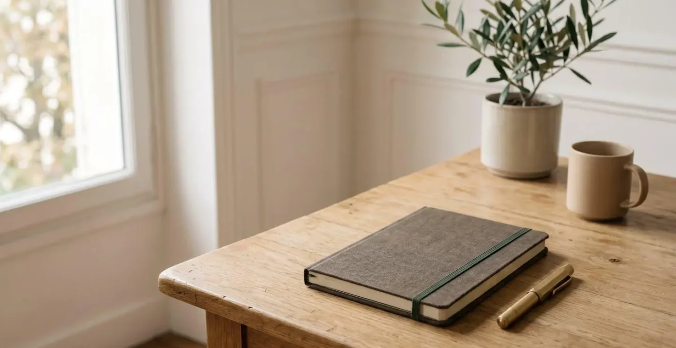 Carnet personnel ouvert avec stylo posé dessus dans un environnement lumineux et apaisant