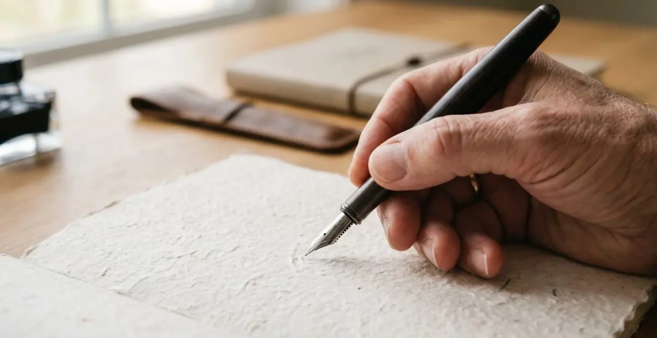 Gros plan sur une main tenant un stylo au-dessus d'un carnet vierge, lumière naturelle douce