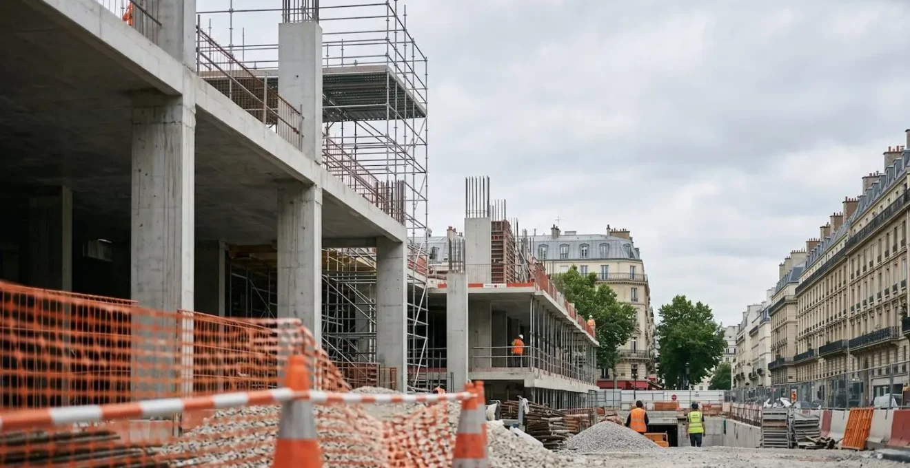 Environnement de chantier BTP illustrant la nécessité de protection auditive permettant la communication