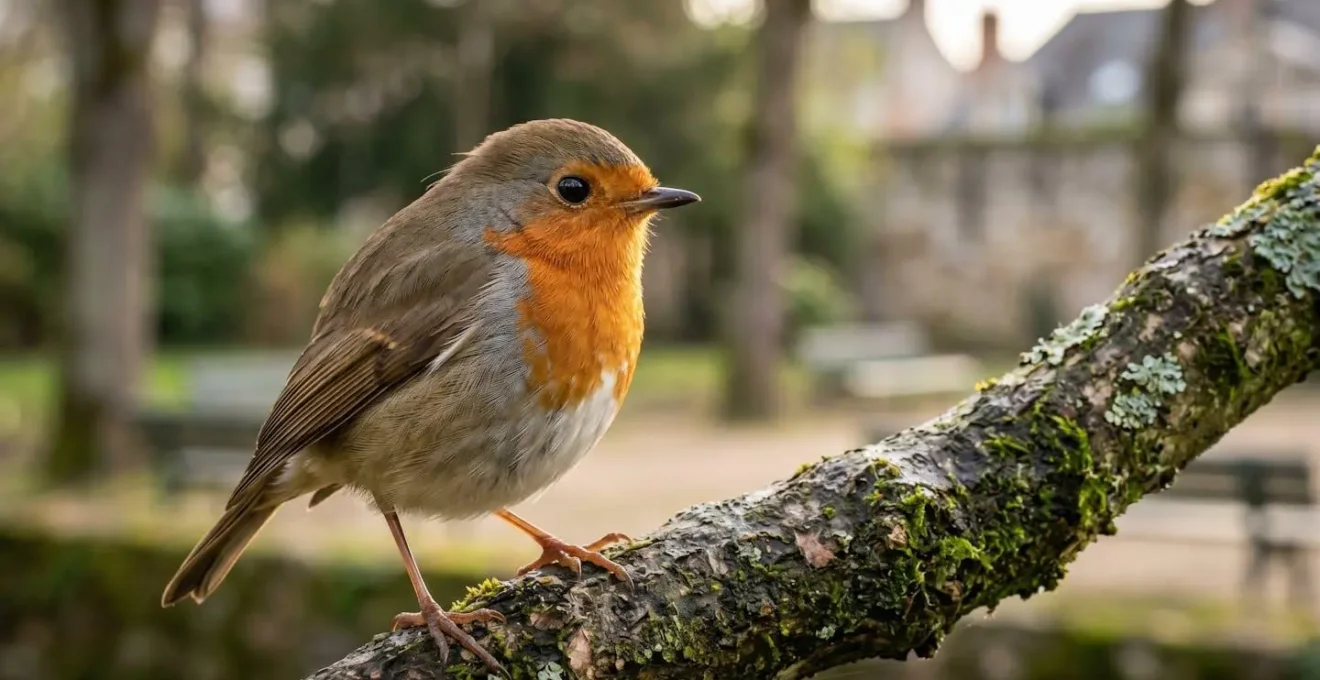 Oiseau sur une branche dans un parc urbain français, avec un arrière-plan flou mettant en valeur les détails du plumage
