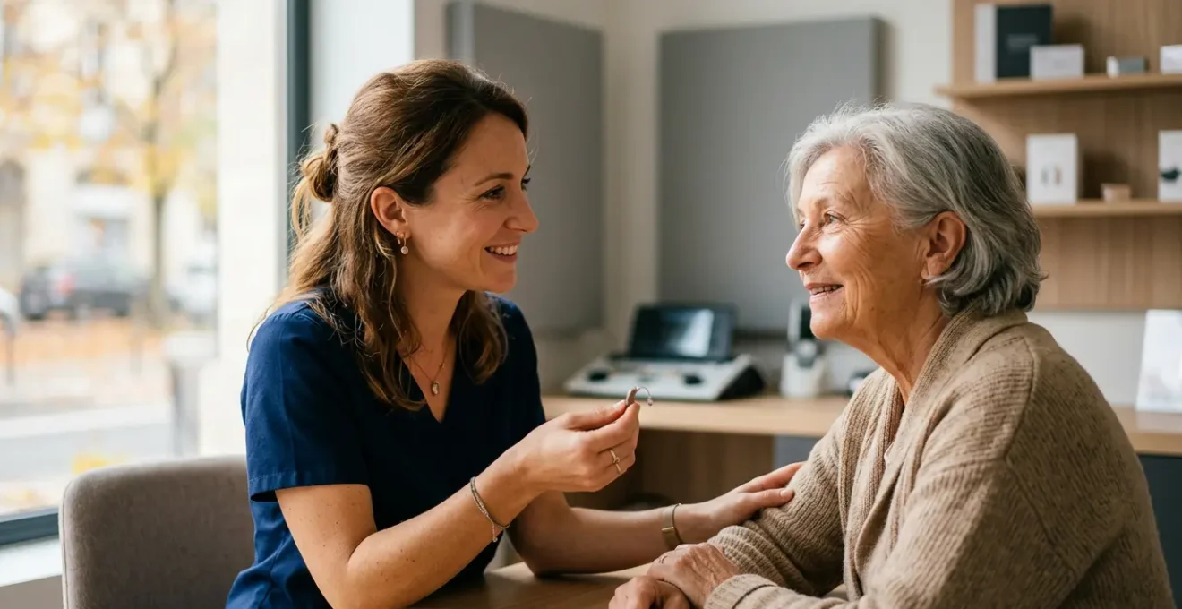 Professionnel audioprothésiste accompagnant un patient dans un centre auditif moderne