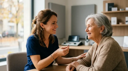 Professionnel audioprothésiste accompagnant un patient dans un centre auditif moderne