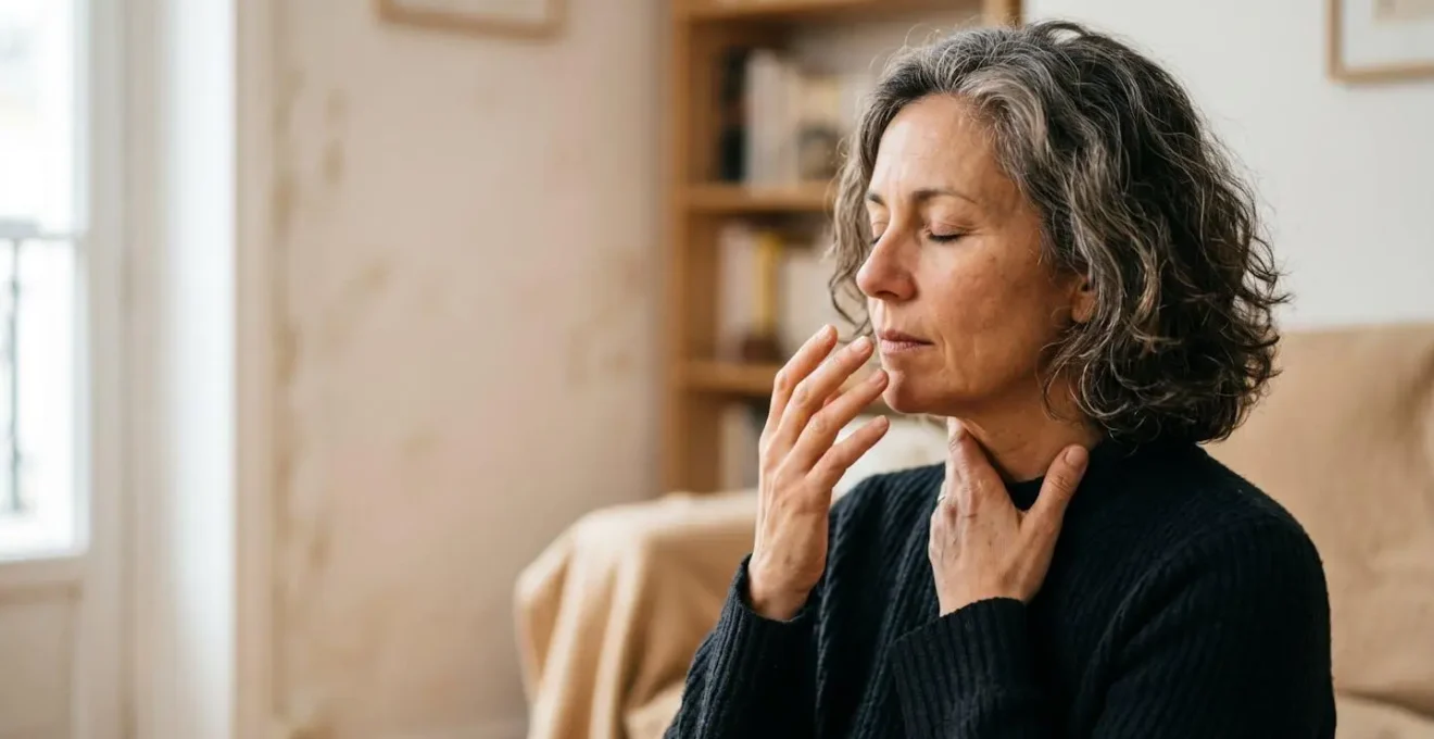 Personne adulte pratiquant des exercices vocaux guidés, main sur la gorge pour ressentir les vibrations, concentration et réappropriation de sa voix