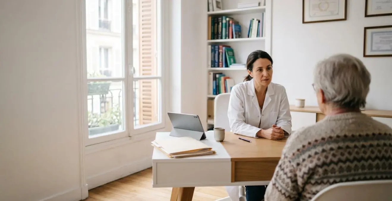 Scène de consultation médicale illustrant le dialogue patient-médecin sur les antécédents auditifs