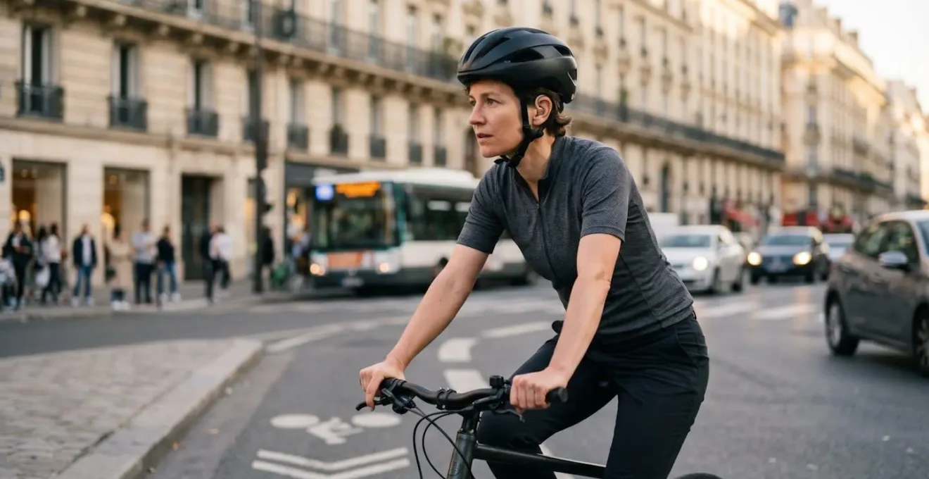 Cycliste en milieu urbain français illustrant l'usage quotidien du vélo