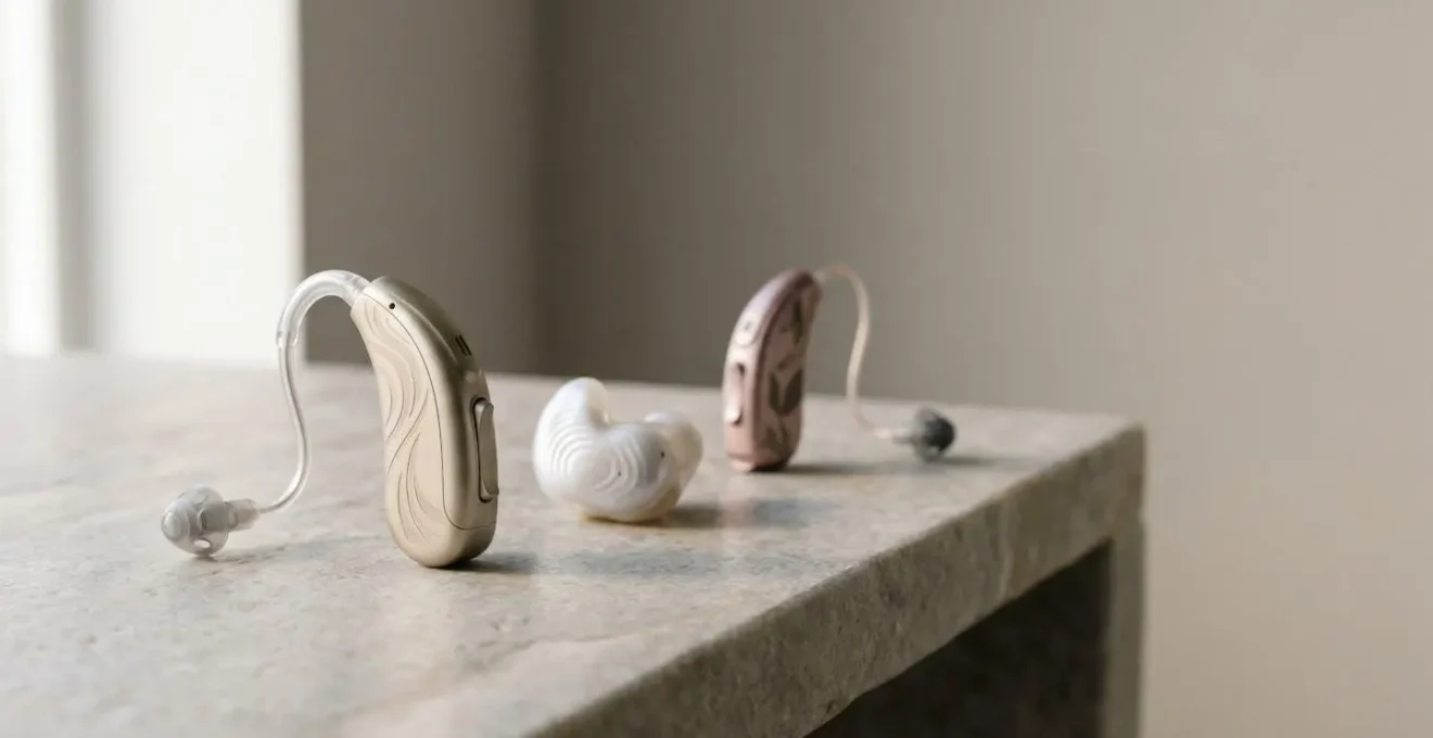 Trois types d'appareils auditifs disposés sur une surface élégante illustrant les différentes options de design