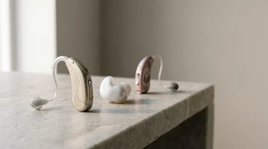 Trois types d'appareils auditifs disposés sur une surface élégante illustrant les différentes options de design