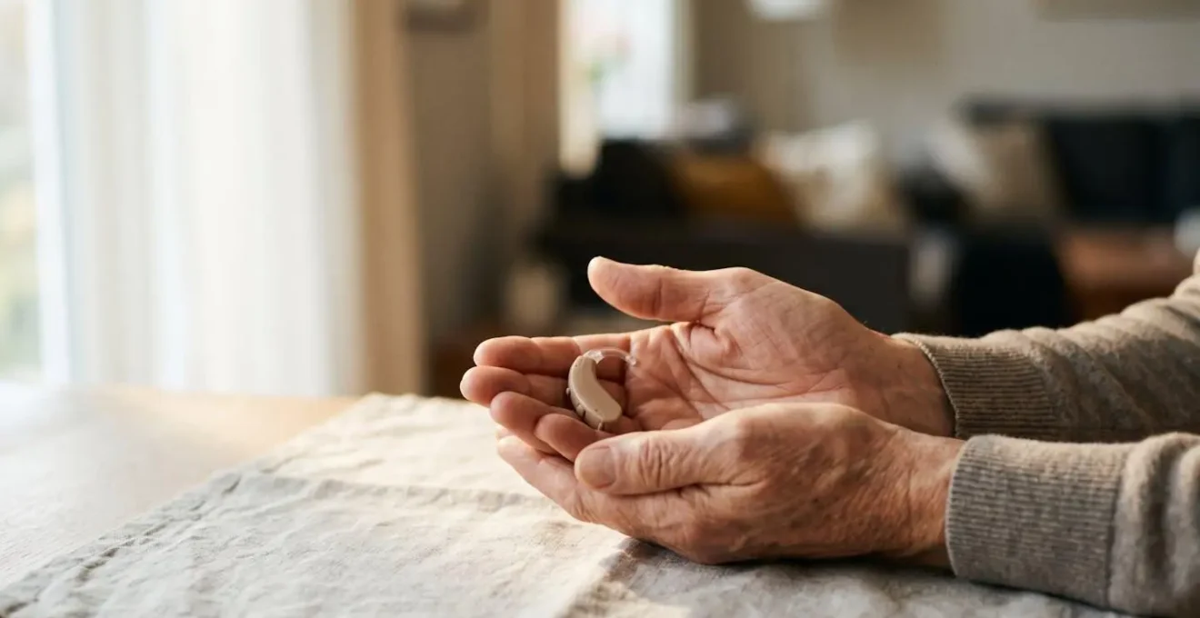 Mains d'une personne mature tenant délicatement un appareil auditif, symbolisant l'acceptation de la perte auditive.