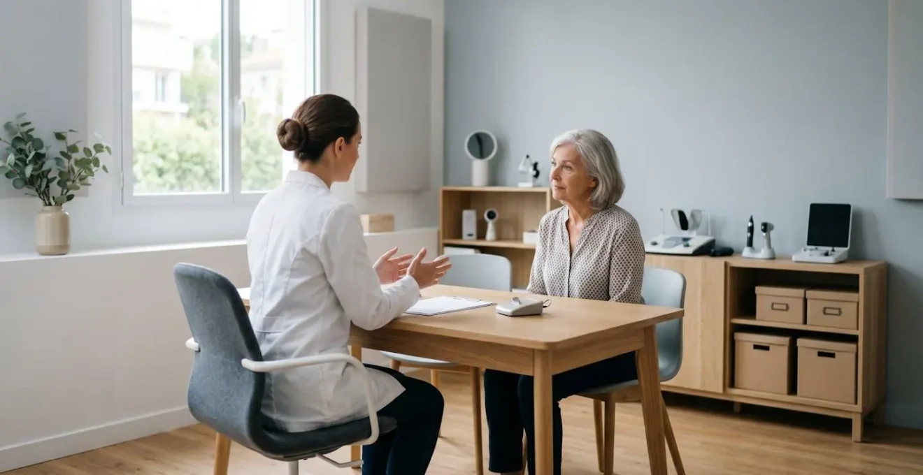 Audioprothésiste expliquant un devis détaillé à un patient senior dans un centre auditif français