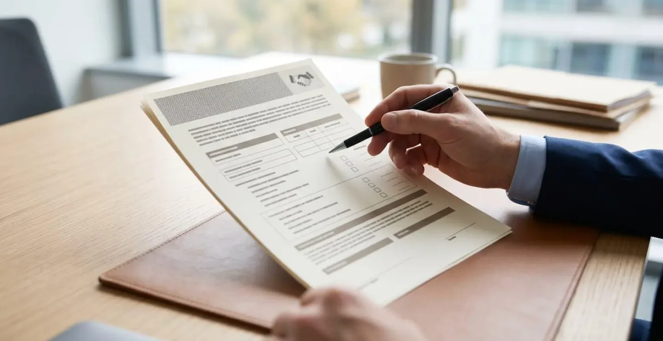 Document de devis officiel posé sur un bureau professionnel avec une main pointant vers des options de choix