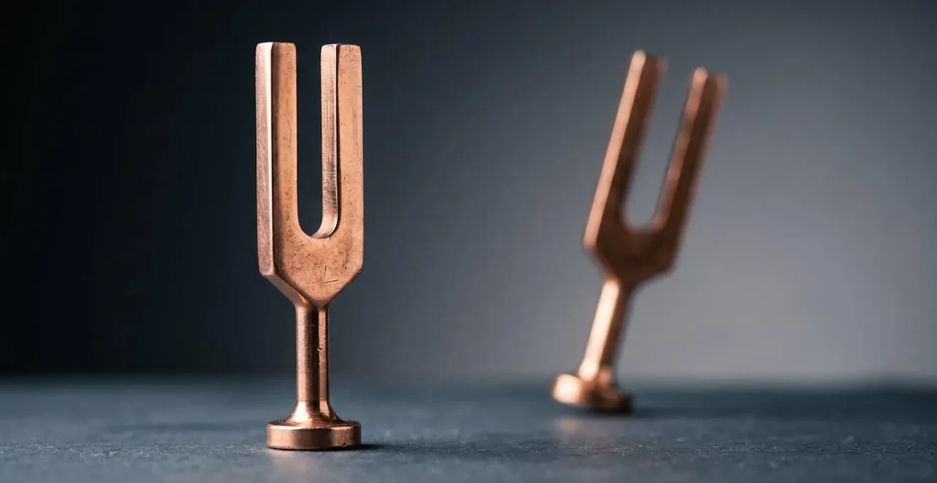 Représentation conceptuelle de la diplacousie avec une dualité visuelle symbolisant la perception de deux tonalités différentes