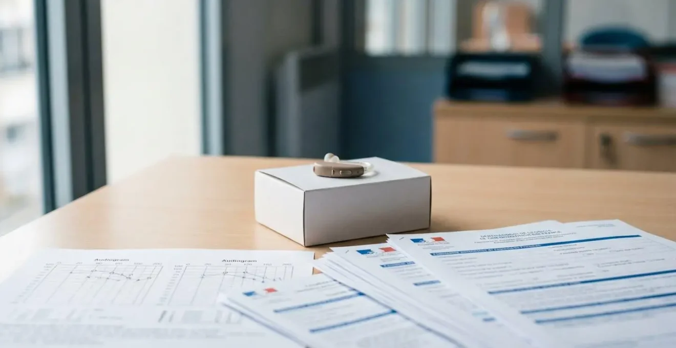 Représentation symbolique des droits liés à la surdité en France, avec documents MDPH et audiogramme