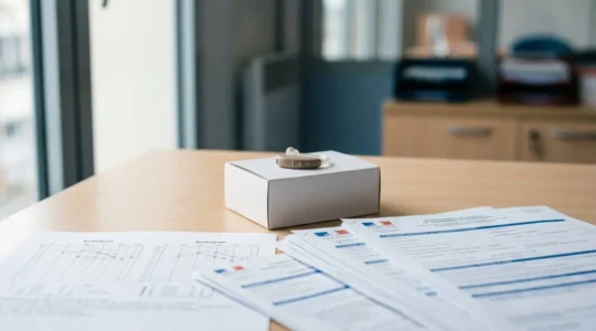 Représentation symbolique des droits liés à la surdité en France, avec documents MDPH et audiogramme