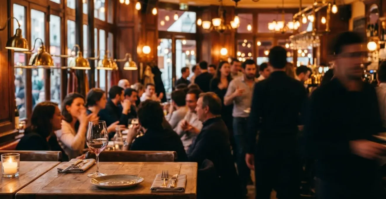 Scène de restaurant parisien animé avec convives en arrière-plan flou symbolisant la difficulté à comprendre dans le bruit