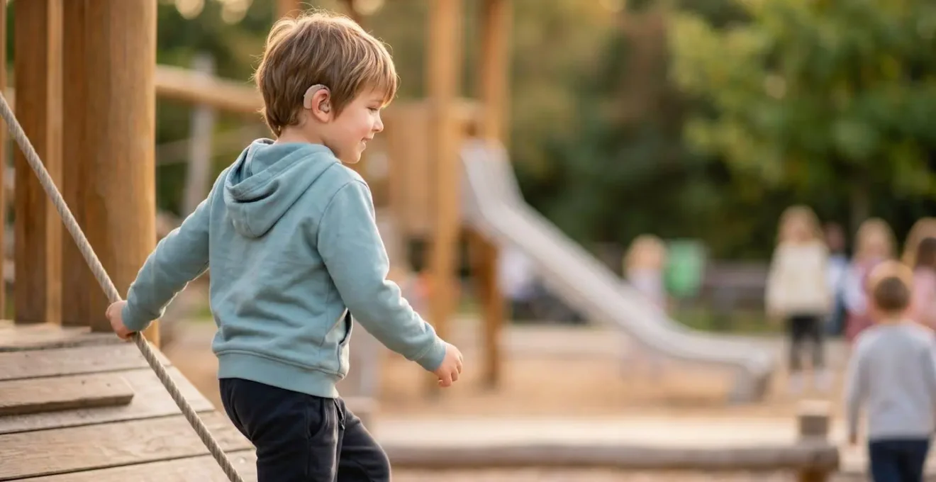 Enfant équipé d'un appareil auditif BTE jouant en extérieur en toute sécurité