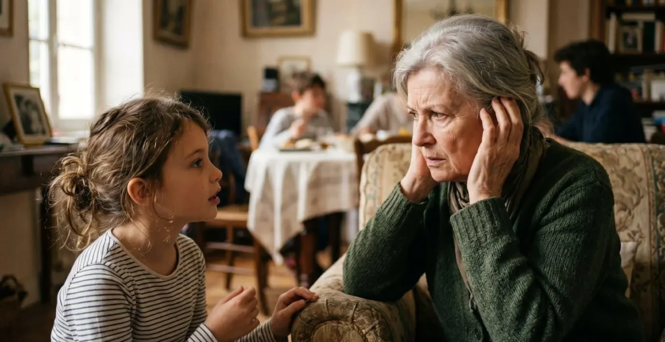 Grand-mère en difficulté auditive lors d'une conversation avec sa petite-fille dans un salon familial français