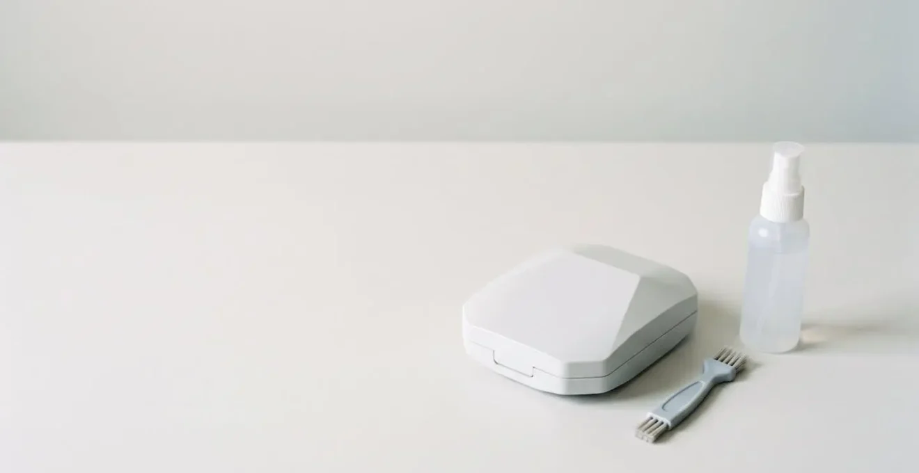 Scène minimaliste montrant un kit d'entretien pour appareil auditif avec boîtier de séchage et brosse de nettoyage sur une surface épurée