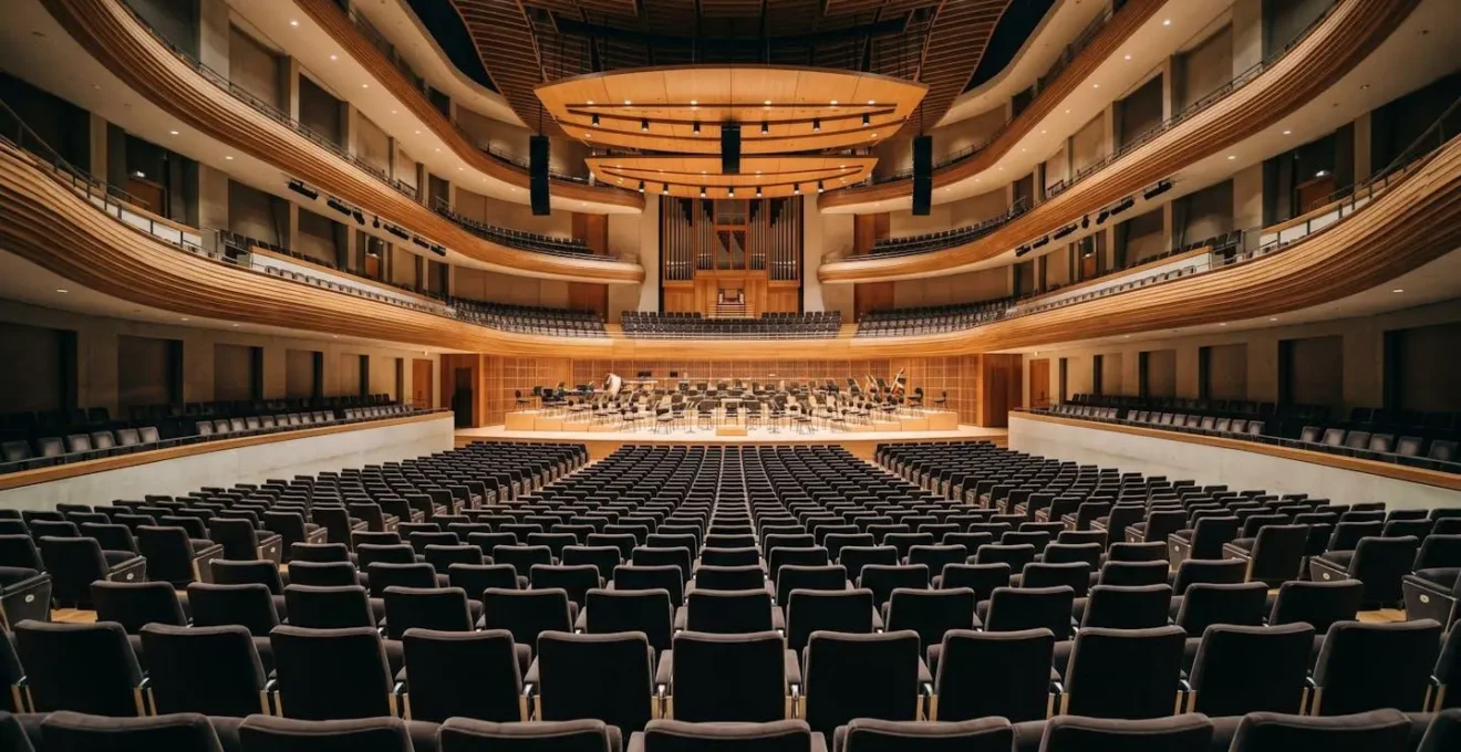 Vue grand angle d'une salle de concert vide avec des sièges et une scène, créant une atmosphère contemplative et spatiale