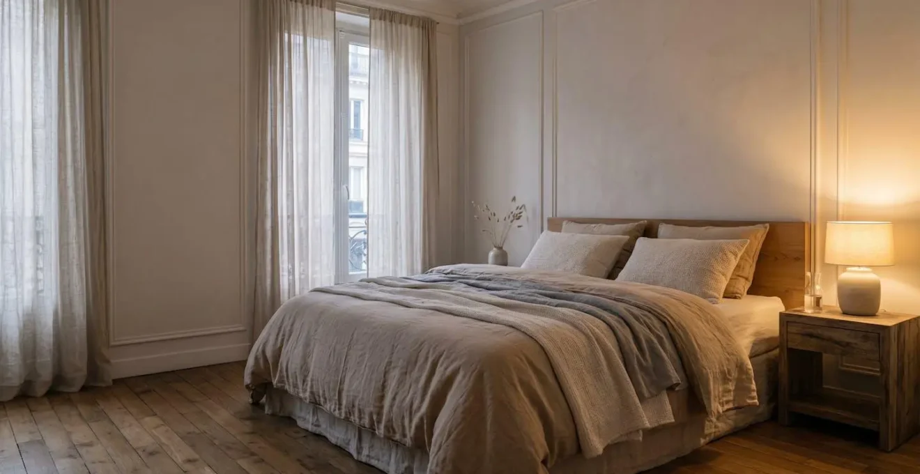 Chambre apaisante baignée de lumière douce évoquant un environnement propice au sommeil avec thérapie sonore