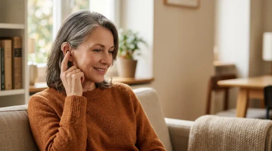Personne testant son nouvel appareil auditif dans son environnement quotidien pendant la période d'essai obligatoire