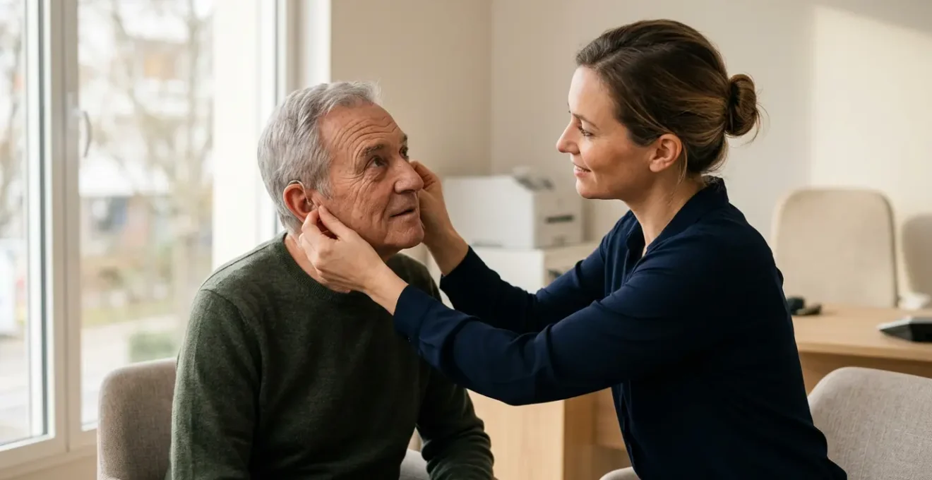 Patient senior testant un appareil auditif lors d'une consultation avec un audioprothésiste dans un centre d'audition moderne en France