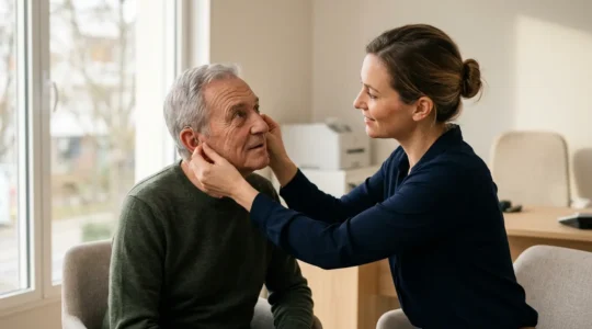 Patient senior testant un appareil auditif lors d'une consultation avec un audioprothésiste dans un centre d'audition moderne en France