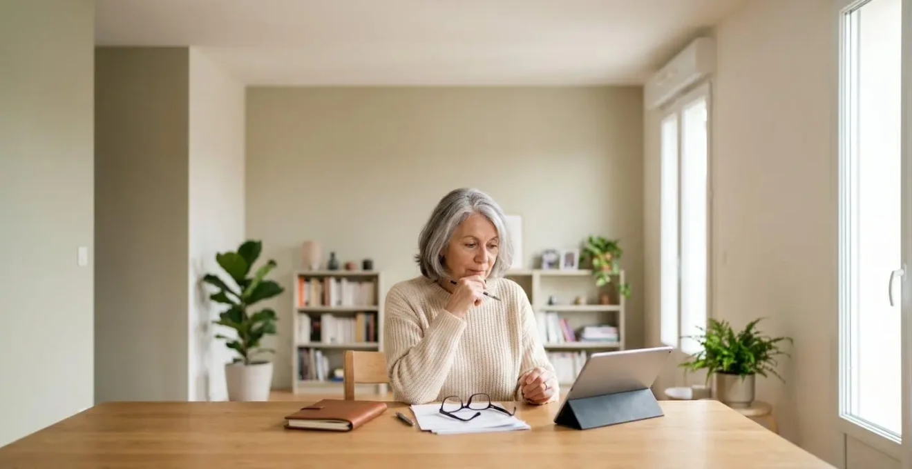 Personne consultant des avis en ligne sur une tablette dans un environnement calme
