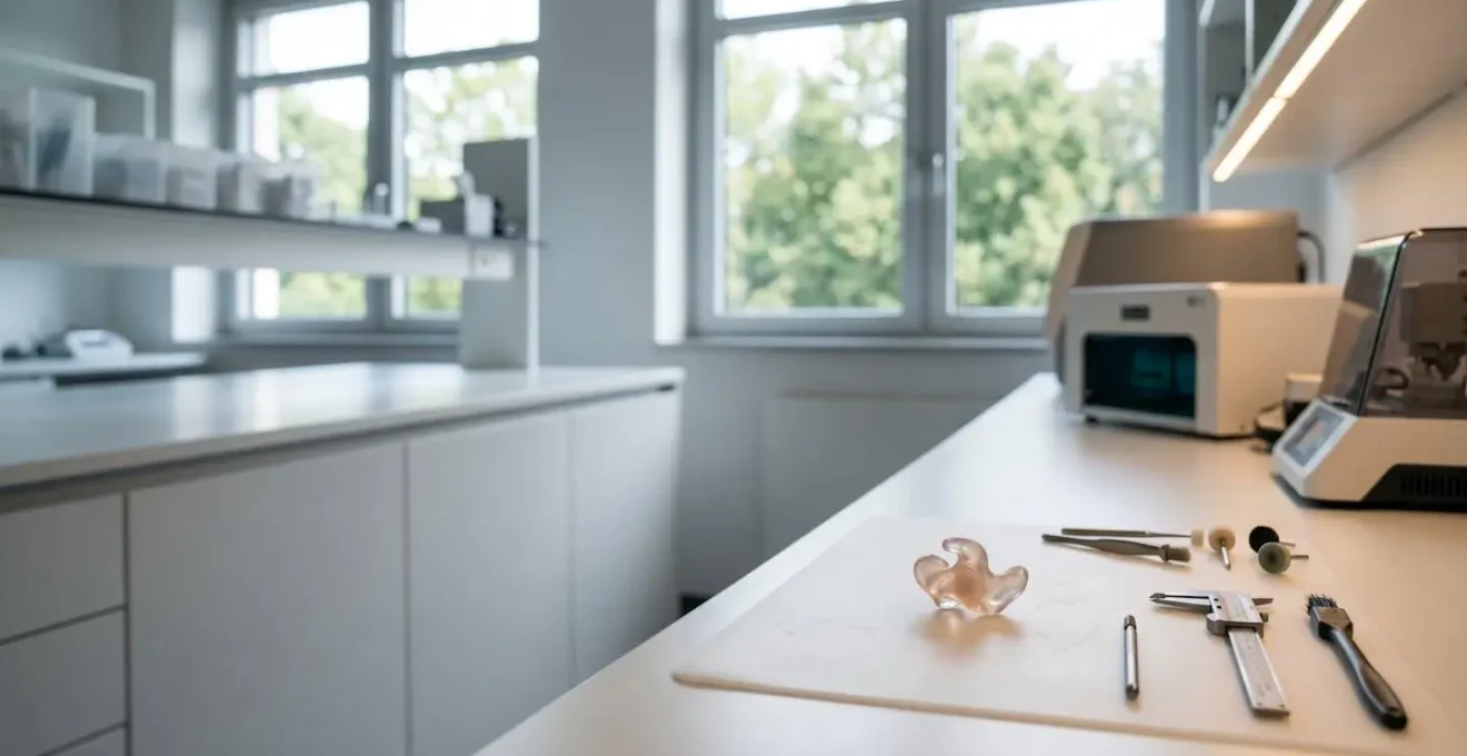 Embout auriculaire personnalisé en cours de fabrication dans un laboratoire d'audioprothèse