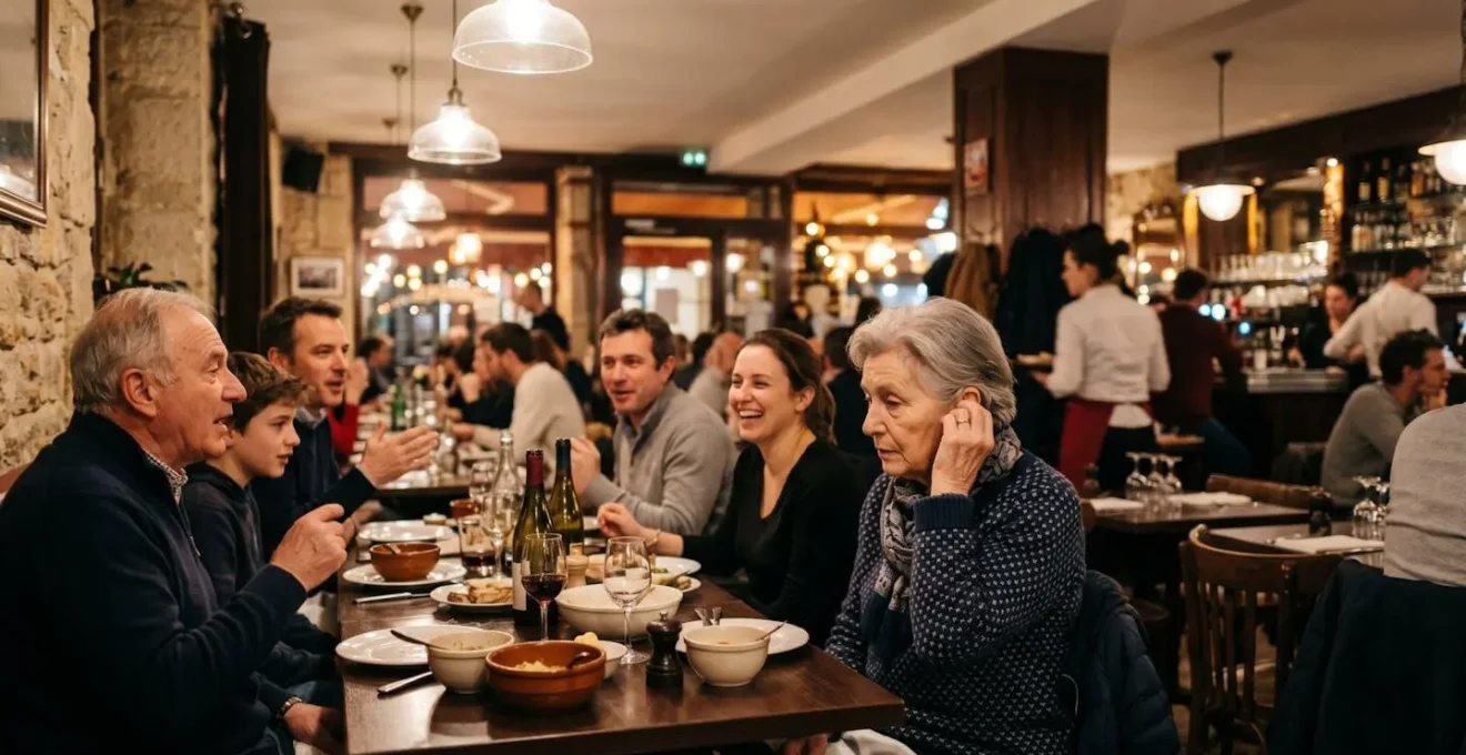 Scène de conversation familiale dans un restaurant français avec éclairage naturel